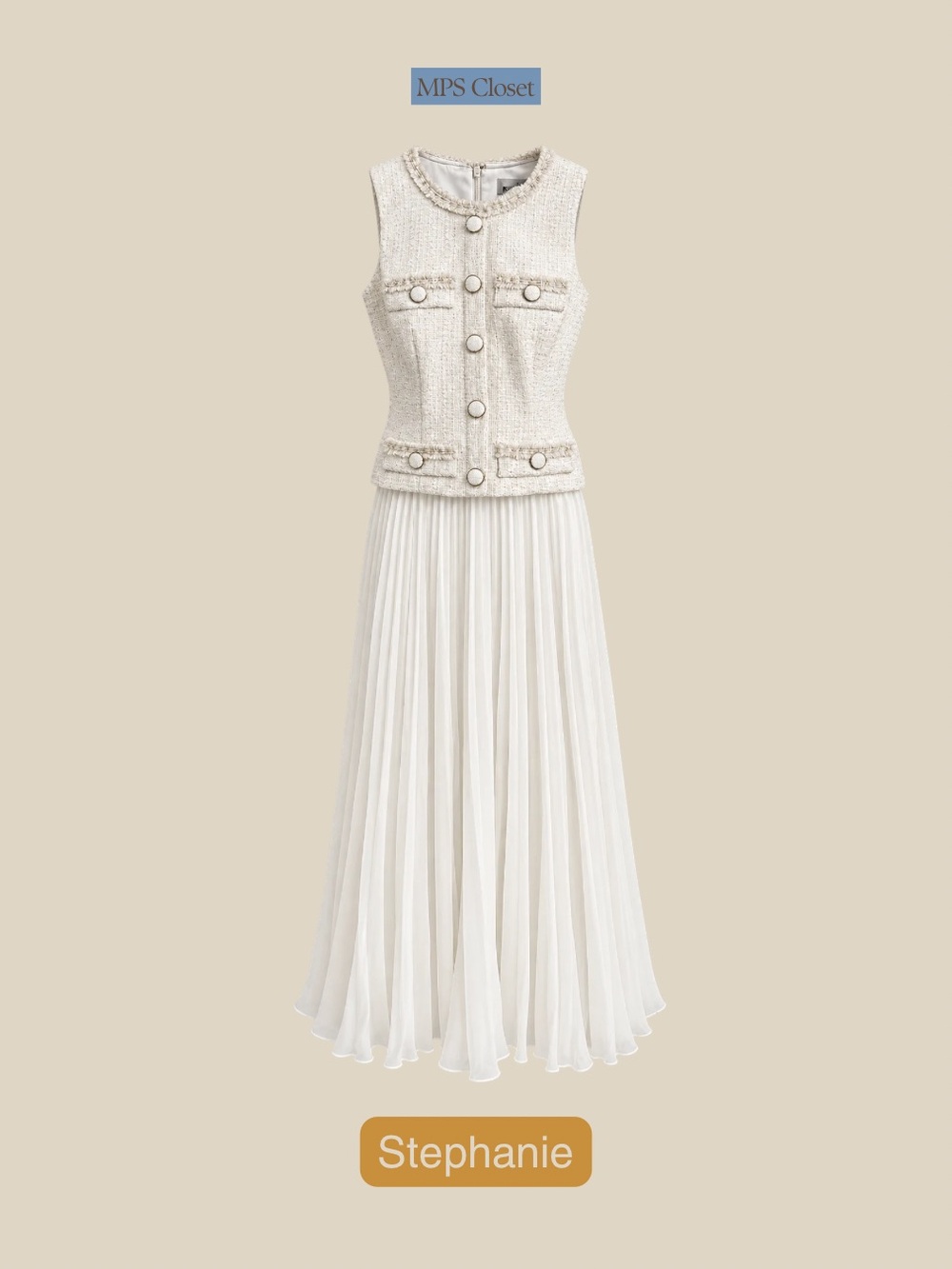 Milly Cream Tweed Bodice Pleated Midi Dress